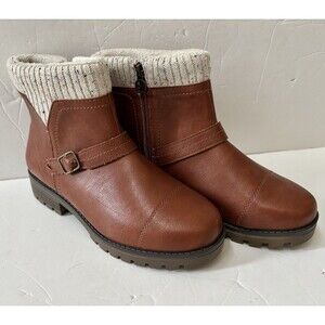 JSPORT WOMENS BOOTIES SIZE 9M VERA COLOR BROWN ANKLE BOOTS KNIT CUFF ANF BUCKLE